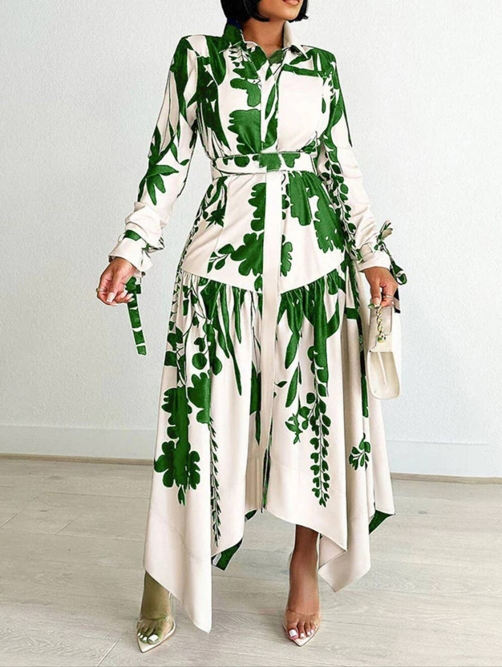 Midi Shirt Dress with Green Leaf Print - Women